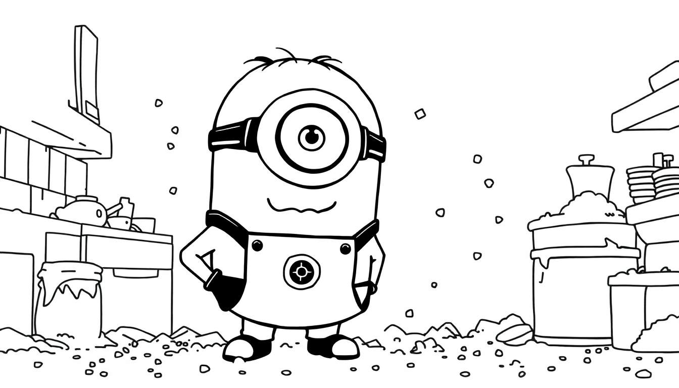 Un disegno da colorare in bianco e nero di un Minion con un occhio solo, occhiali rotondi e tuta da lavoro, in una scena di cucina piena di oggetti come teiere, tazze, barattoli e piatti.