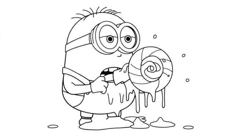 Disegno da colorare di un Minion felice che mangia un lecca-lecca, con sciroppo che cola ovunque.