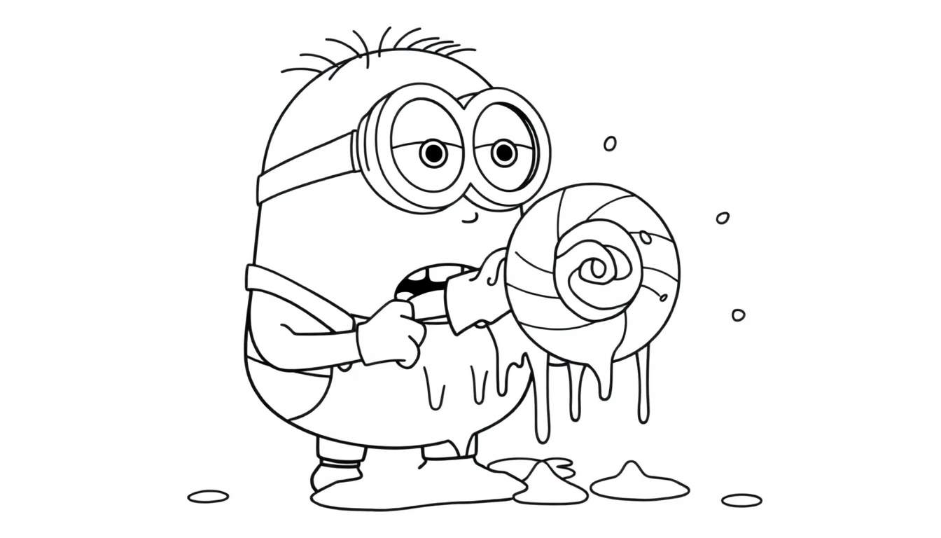 Disegno da colorare di un Minion felice che mangia un lecca-lecca, con sciroppo che cola ovunque.