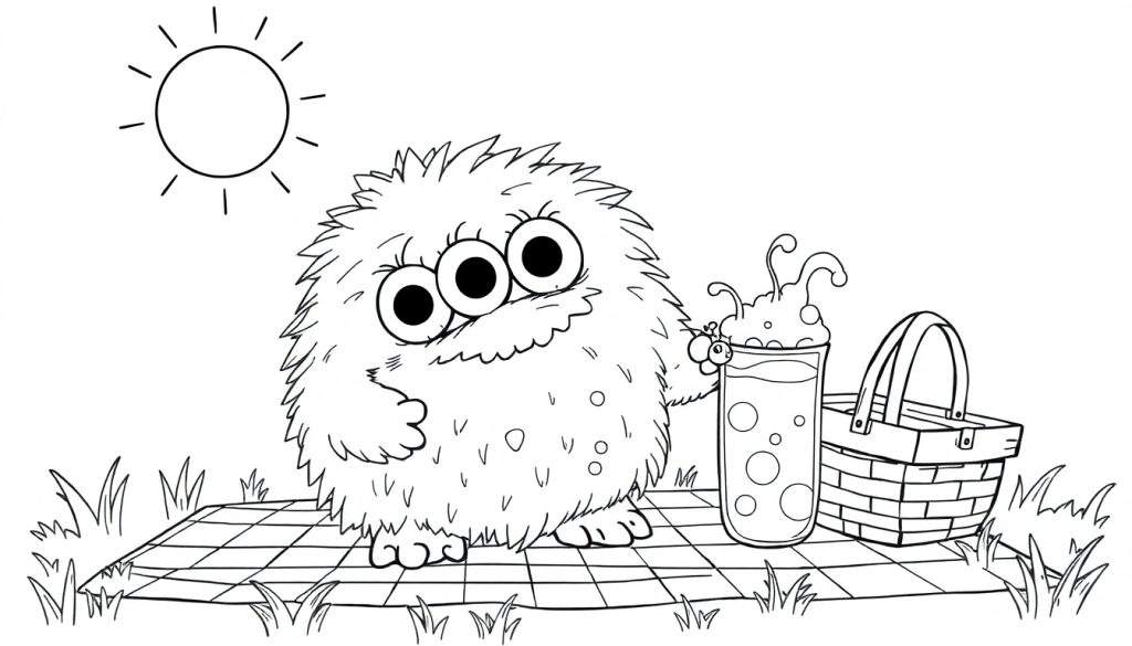 Disegno per bambini di un mostro peloso con tre occhi, vestito con colori vivaci, seduto a fare un picnic sull'erba con un cestino e una bibita gassata, sotto un sole splendente.