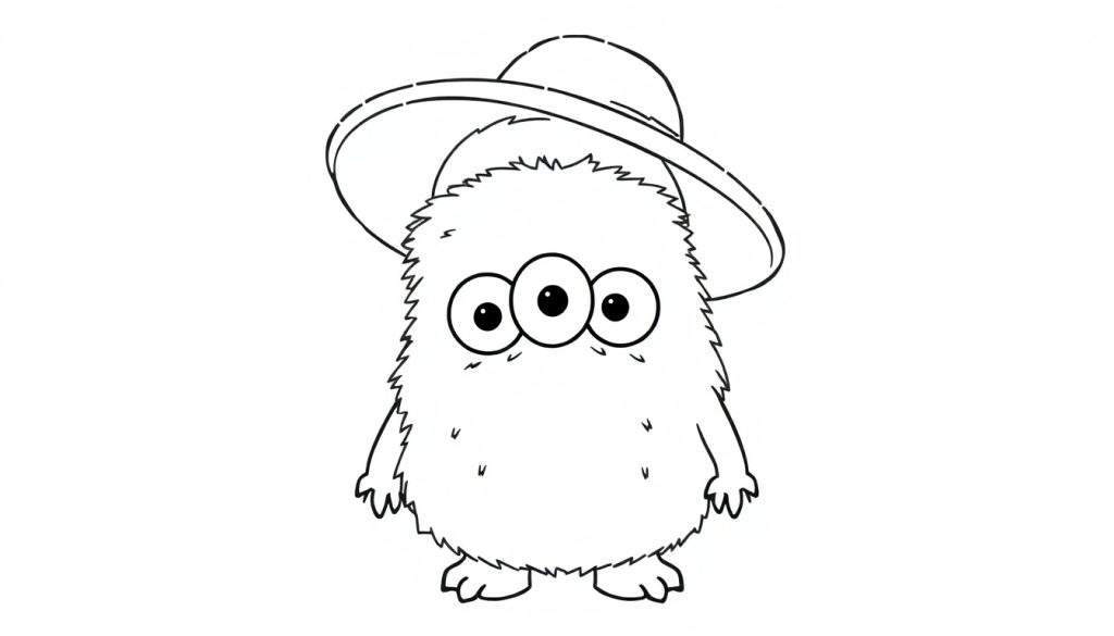 Disegno in bianco e nero di un mostro peloso con tre occhi e un cappello a falde larghe.
