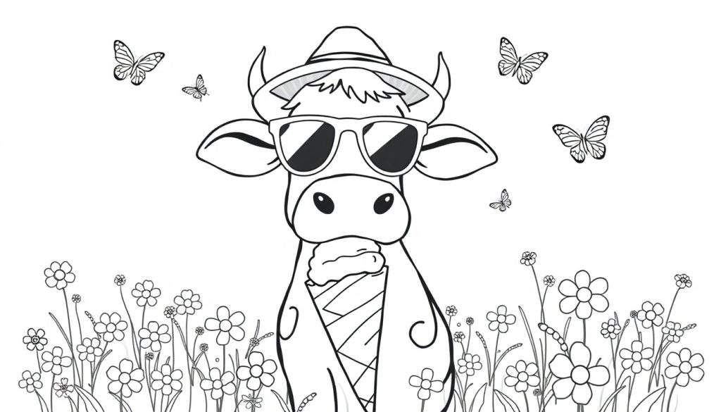 Disegno in bianco e nero di una mucca estiva con cappello e occhiali da sole, che mangia un gelato, circondata da fiori e farfalle.