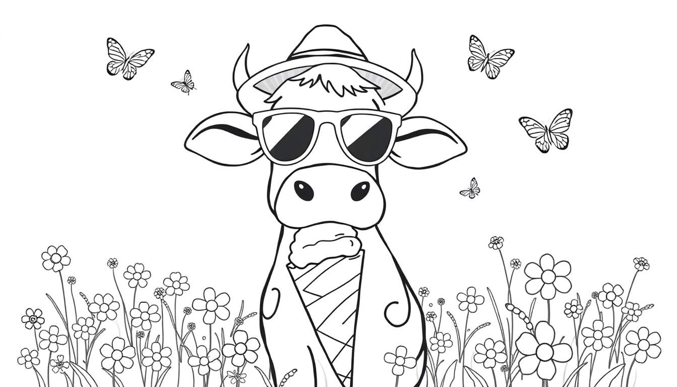 Disegno in bianco e nero di una mucca estiva con cappello e occhiali da sole, che mangia un gelato, circondata da fiori e farfalle.