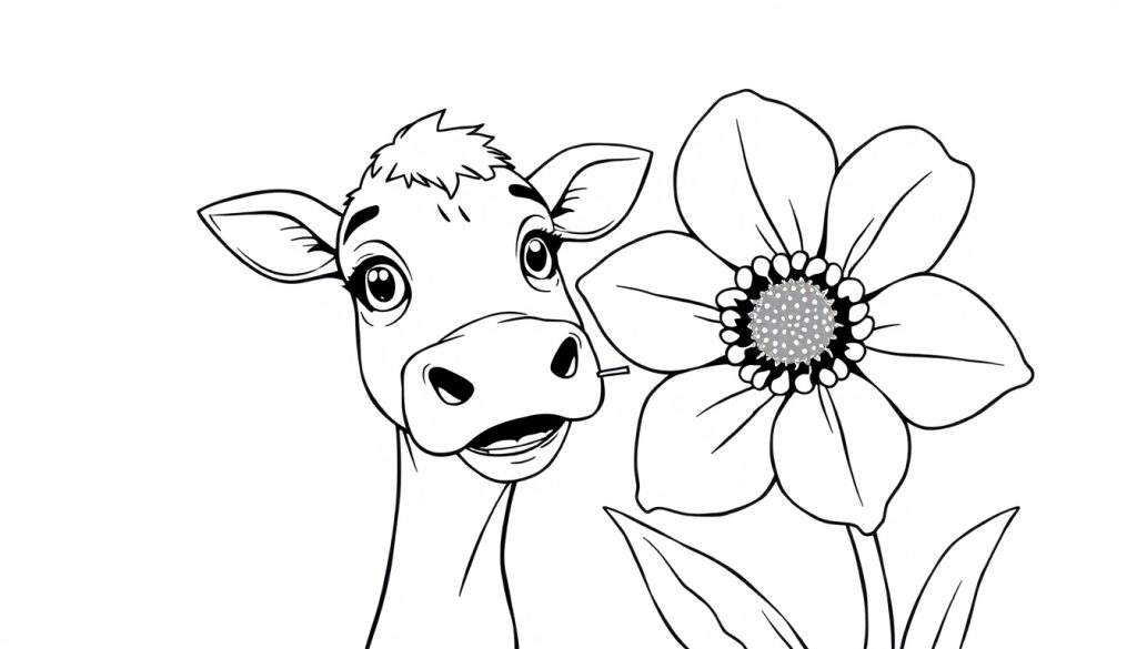 Disegno in bianco e nero di una mucca che guarda a destra, accanto a un grande fiore stilizzato.