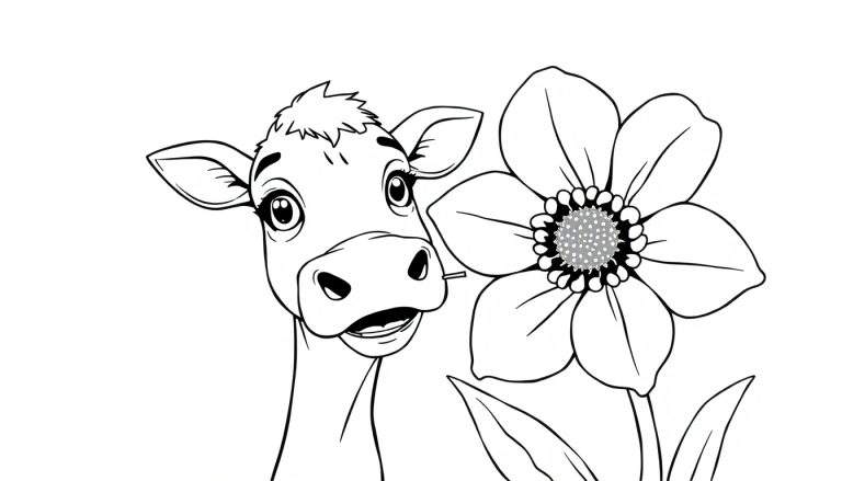 Disegno in bianco e nero di una mucca che guarda a destra, accanto a un grande fiore stilizzato.