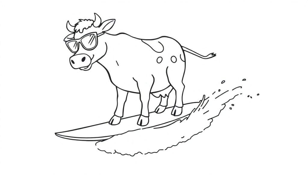 Disegno da colorare di una mucca che fa surf con occhiali da sole su un'onda.