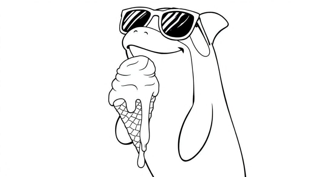Disegno da colorare di un orca o delfino con occhiali da sole e un gelato che si scioglie.