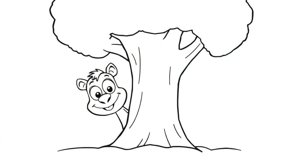 Disegno da colorare di un orsetto sorridente che sbircia da dietro un albero