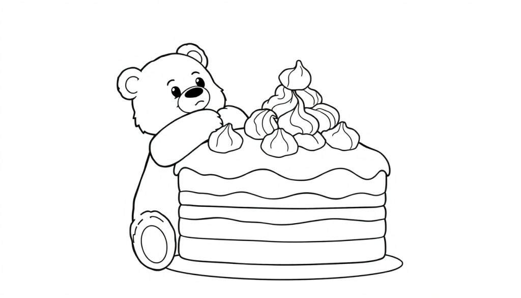 Orsetto di peluche che guarda una torta a più strati con panna montata, disegno da colorare.