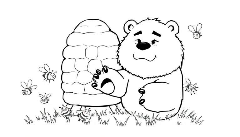 Disegno da colorare di un orso con un'espressione preoccupata e incuriosita, in piedi vicino a un alveare mentre diverse api volano minacciosamente intorno. Il disegno è ambientato in un prato con erba.