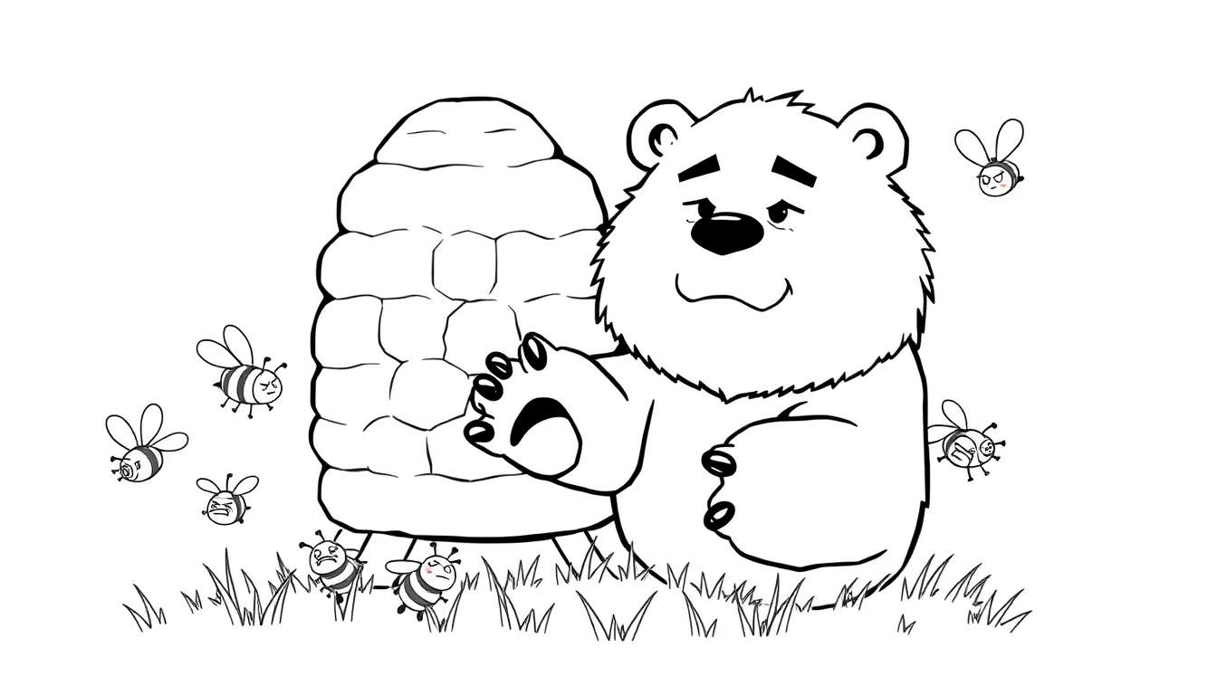 Disegno da colorare di un orso con un'espressione preoccupata e incuriosita, in piedi vicino a un alveare mentre diverse api volano minacciosamente intorno. Il disegno è ambientato in un prato con erba.