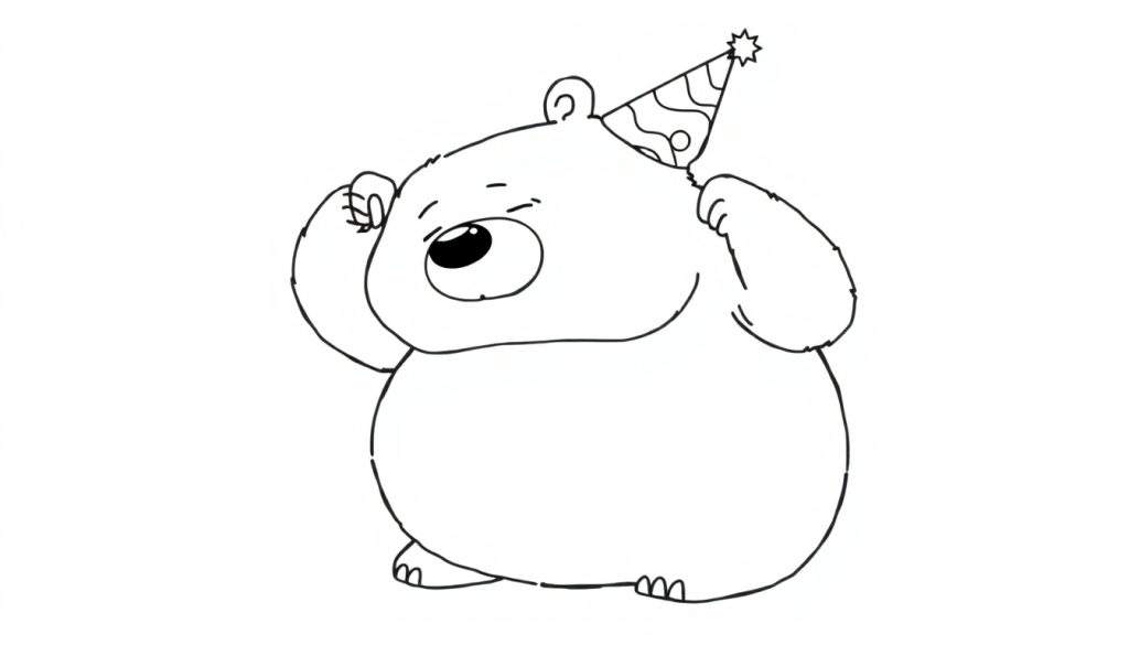 Orso stilizzato con cappello da festa che muove le zampe vicino alla testa, disegno da colorare.