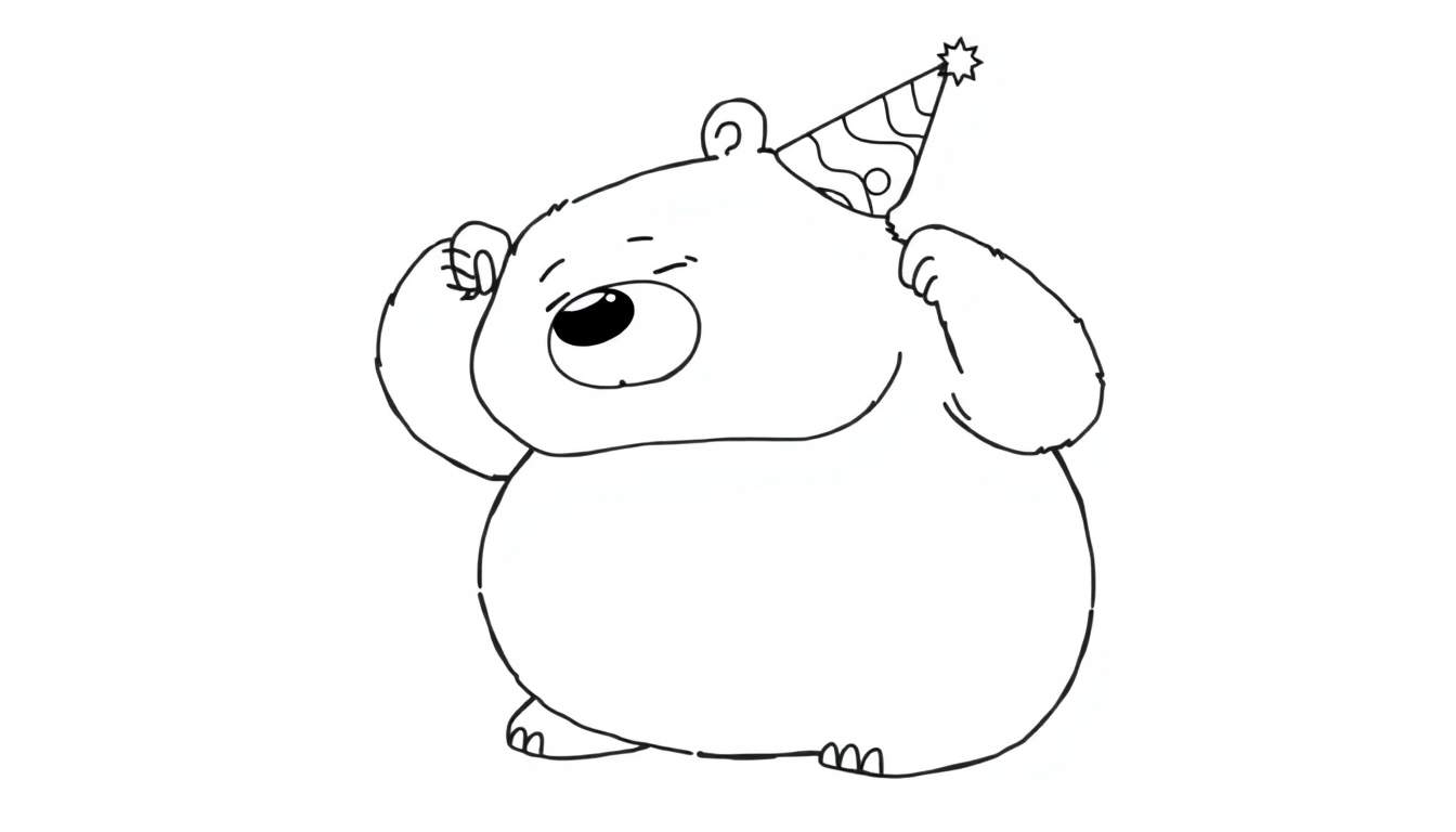 Orso stilizzato con cappello da festa che muove le zampe vicino alla testa, disegno da colorare.