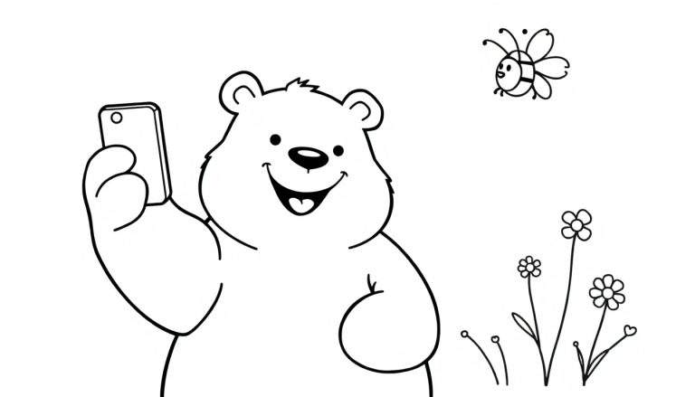 Disegno da colorare di un orso bianco sorridente che si scatta un selfie con uno smartphone, con una piccola ape e dei fiori stilizzati intorno.