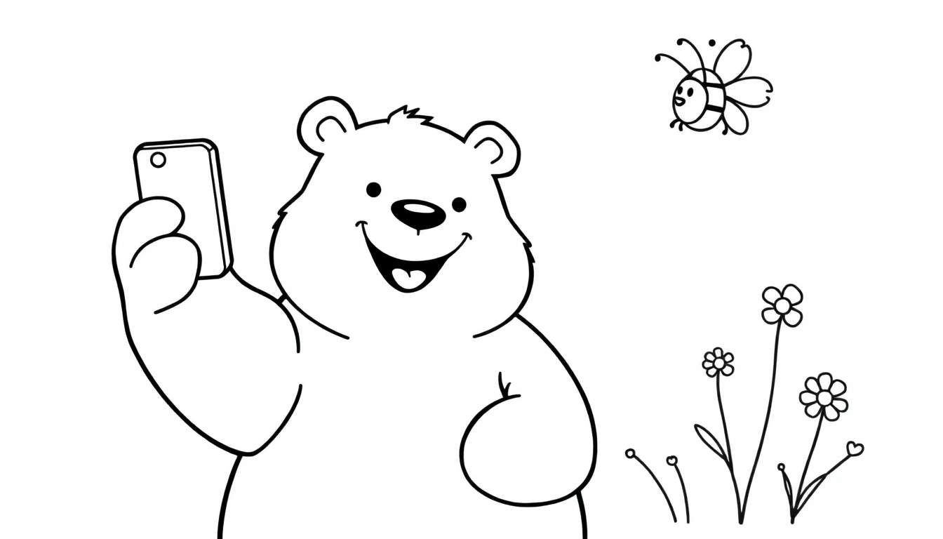 Disegno da colorare di un orso bianco sorridente che si scatta un selfie con uno smartphone, con una piccola ape e dei fiori stilizzati intorno.