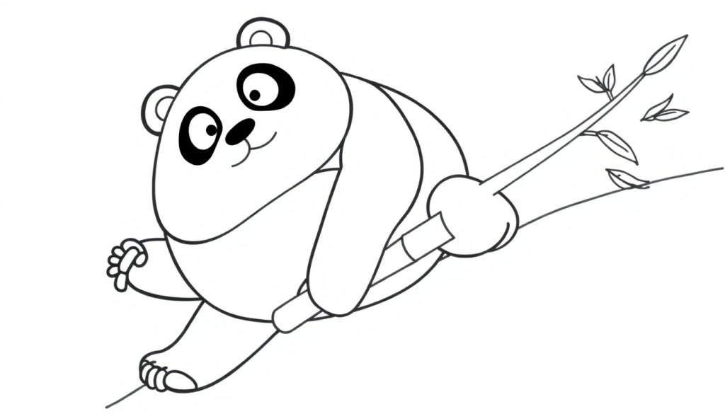Disegno a linea di un panda carino che si dondola su un ramo di bambù, pronto per essere colorato.