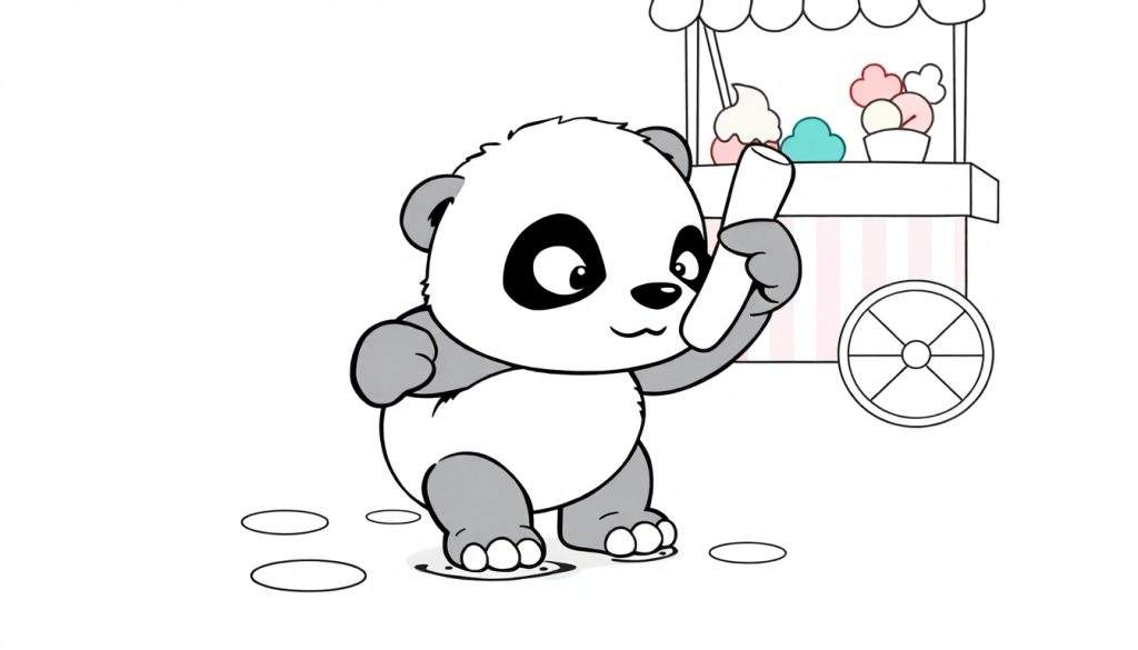 Disegno da colorare di un panda stilizzato che mangia un cono gelato, con un carretto dei gelati sullo sfondo.