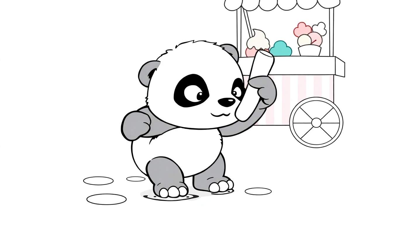 Disegno da colorare di un panda stilizzato che mangia un cono gelato, con un carretto dei gelati sullo sfondo.