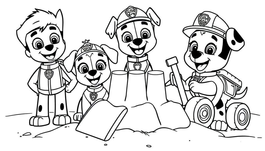 Disegno in bianco e nero di Ryder e i cuccioli dei Paw Patrol che costruiscono un castello di sabbia.