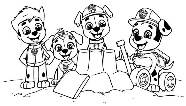 Disegno in bianco e nero di Ryder e i cuccioli dei Paw Patrol che costruiscono un castello di sabbia.