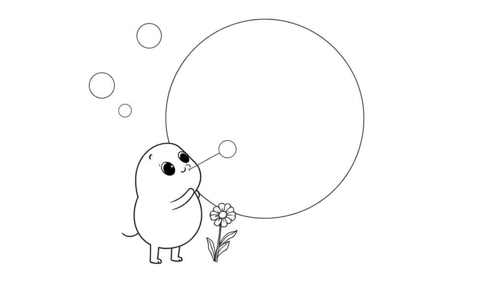 Disegno da colorare di un personaggio dei cartoni animati che soffia bolle di sapone con un fiore.