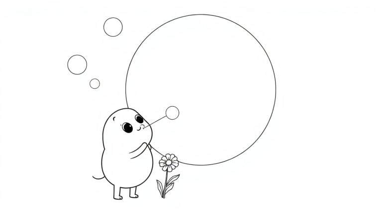 Disegno da colorare di un personaggio dei cartoni animati che soffia bolle di sapone con un fiore.