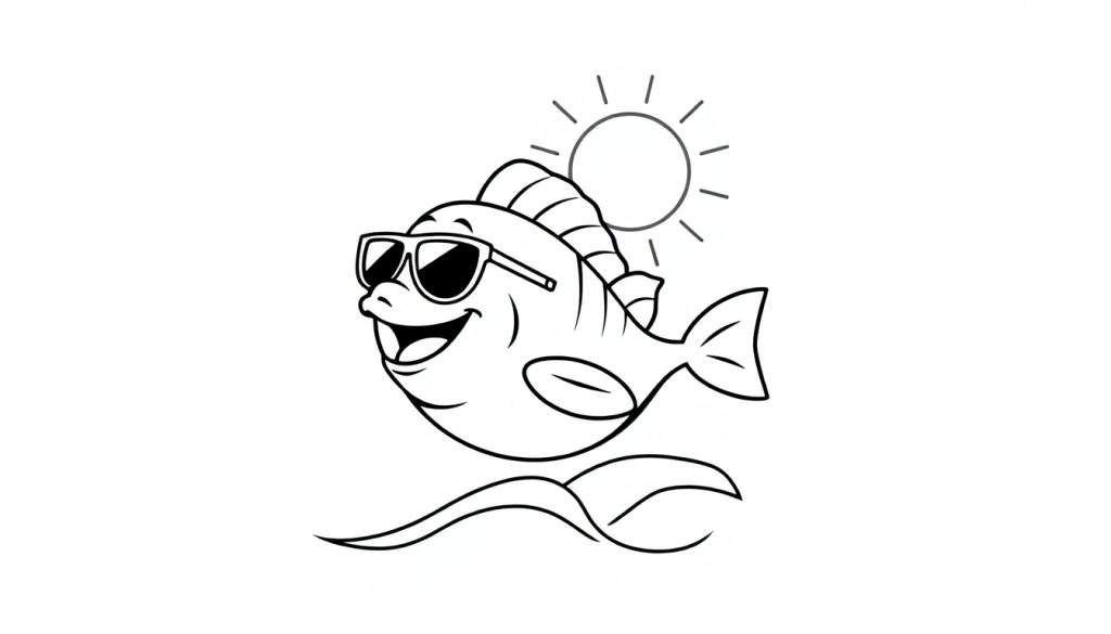 Disegno da colorare di un pesce sorridente con occhiali da sole, su onde stilizzate e con un sole sullo sfondo.