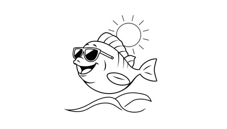Disegno da colorare di un pesce sorridente con occhiali da sole, su onde stilizzate e con un sole sullo sfondo.