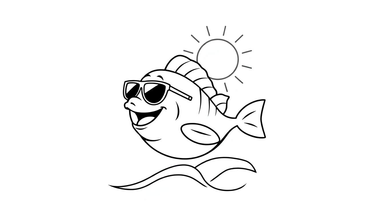 Disegno da colorare di un pesce sorridente con occhiali da sole, su onde stilizzate e con un sole sullo sfondo.