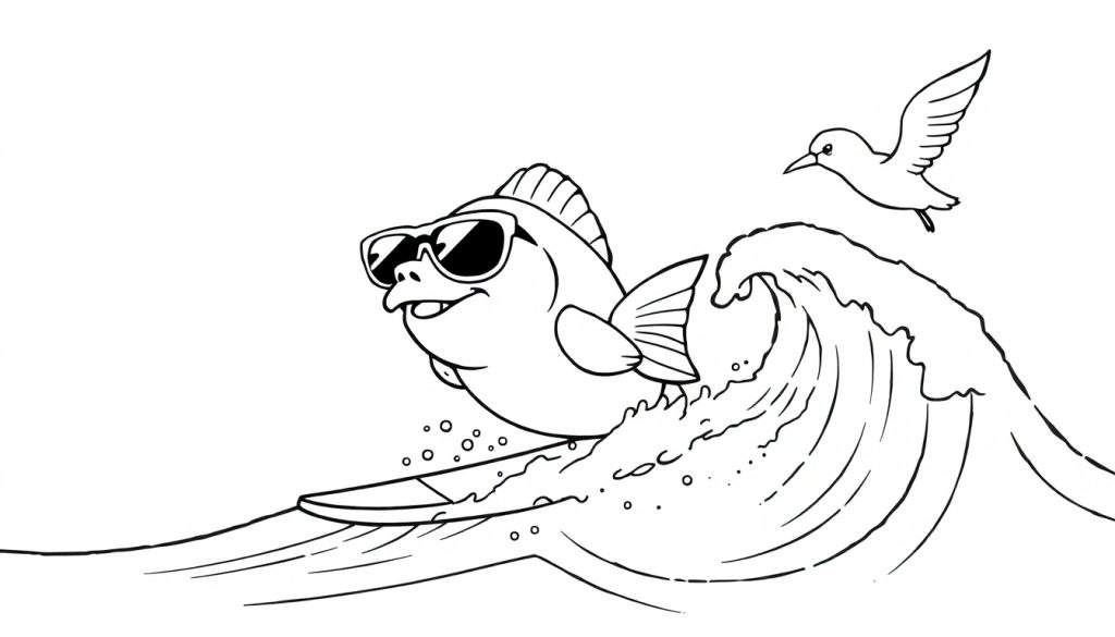 Disegno da colorare di un pesce surfista con occhiali da sole su un'onda, con un uccello in volo.
