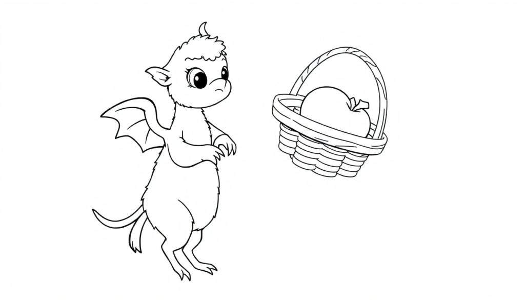 Disegno da colorare di un piccolo drago amichevole con ali e coda, vicino a un cesto con una mela.