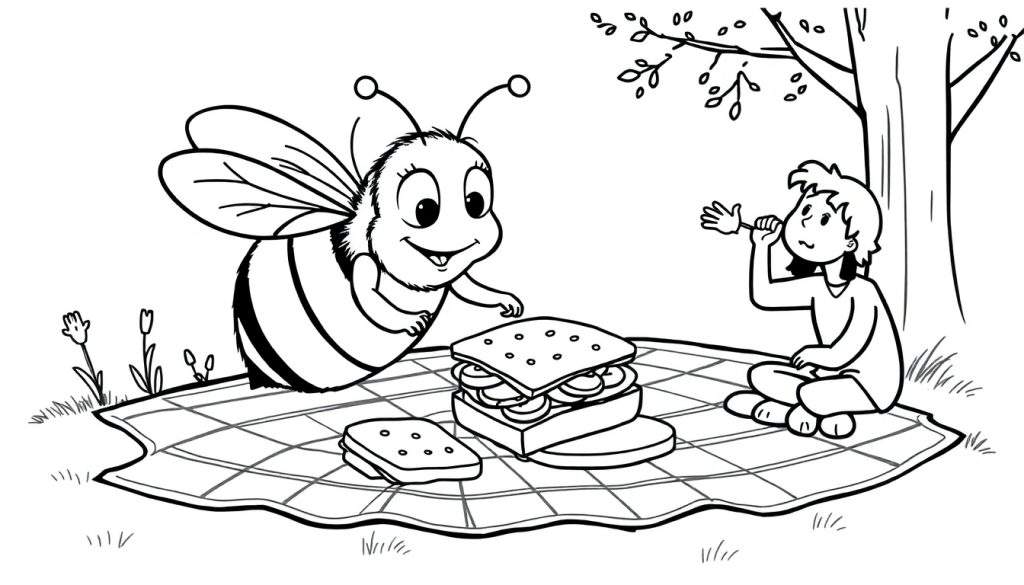 Disegno da colorare di un'ape amichevole e un bambino seduti a un picnic, con un sandwich, fiori e un albero.