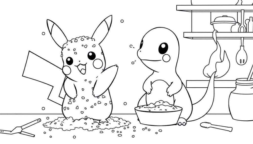 Disegno da colorare di Pikachu e Charmander in una cucina, con Pikachu coperto di farina e Charmander vicino a una ciotola di ingredienti.