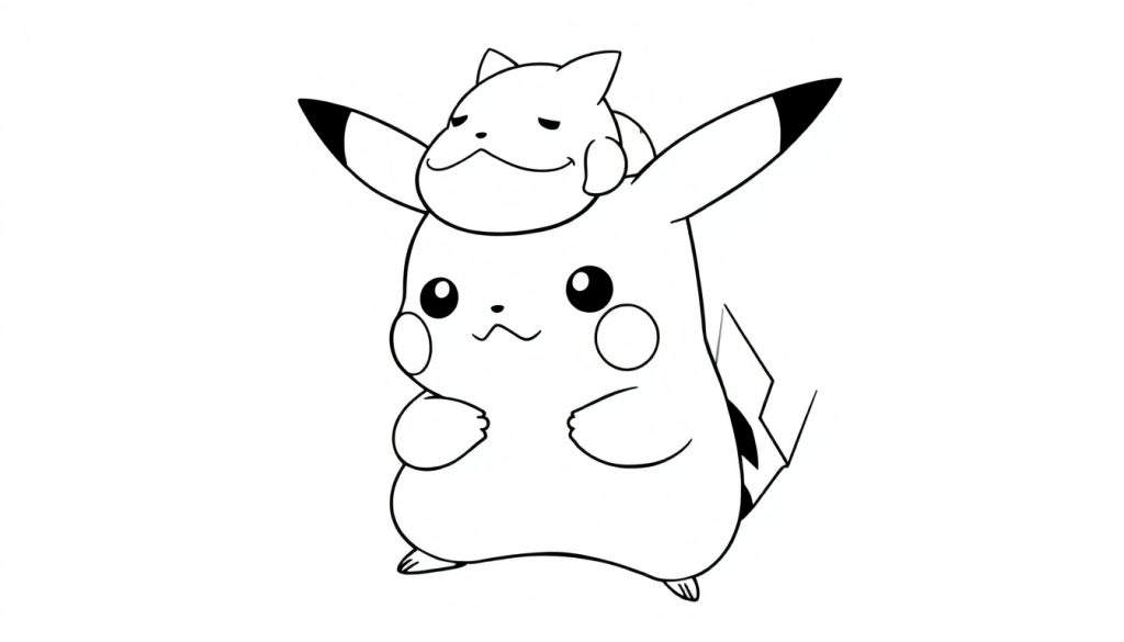 Disegno da colorare di Pikachu che abbraccia Ditto.