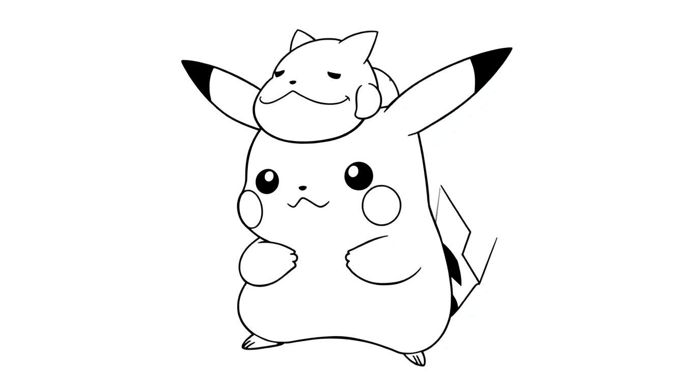 Disegno da colorare di Pikachu che abbraccia Ditto.