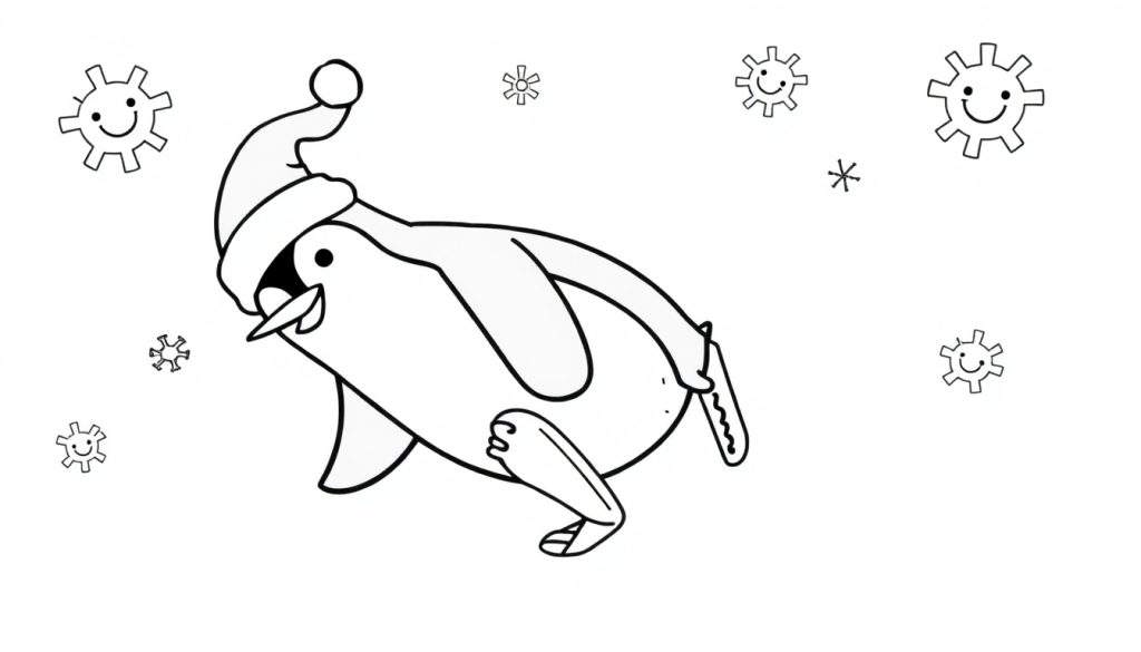 Disegno da colorare di un pinguino con cappello di Babbo Natale che balla sulla neve, circondato da fiocchi di neve sorridenti.