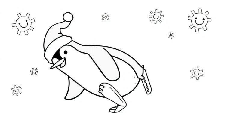 Disegno da colorare di un pinguino con cappello di Babbo Natale che balla sulla neve, circondato da fiocchi di neve sorridenti.