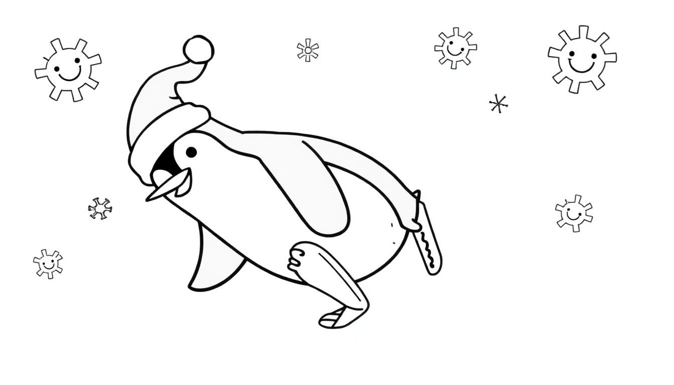 Disegno da colorare di un pinguino con cappello di Babbo Natale che balla sulla neve, circondato da fiocchi di neve sorridenti.