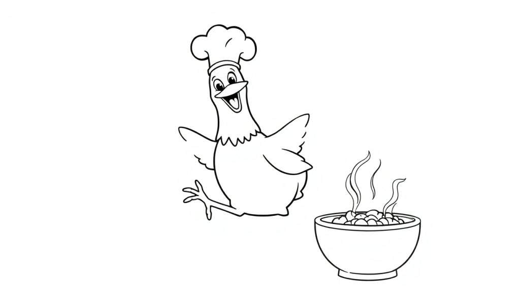 Disegno da colorare di un pollo chef che salta con le ali spiegate, accanto a una ciotola di cibo fumante.