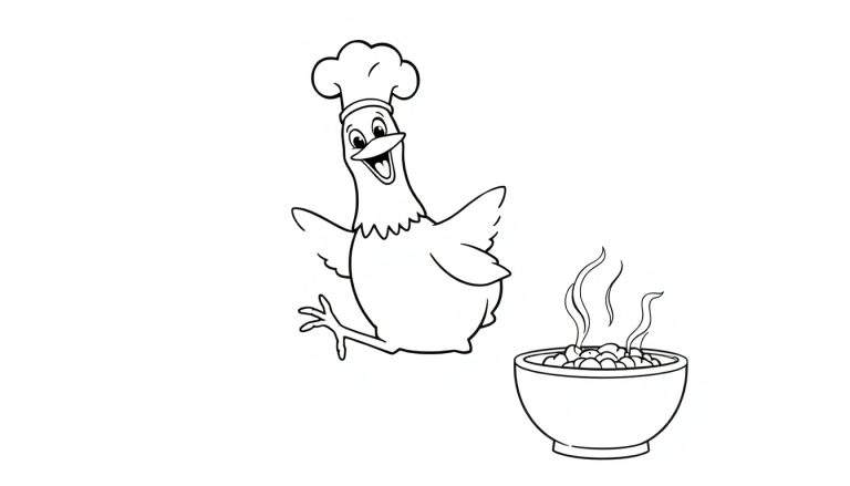 Disegno da colorare di un pollo chef che salta con le ali spiegate, accanto a una ciotola di cibo fumante.