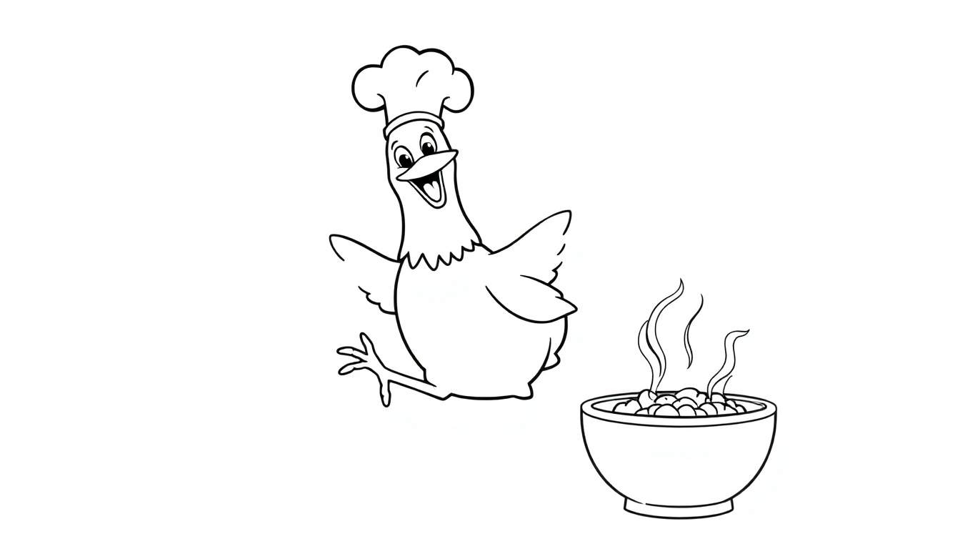 Disegno da colorare di un pollo chef che salta con le ali spiegate, accanto a una ciotola di cibo fumante.