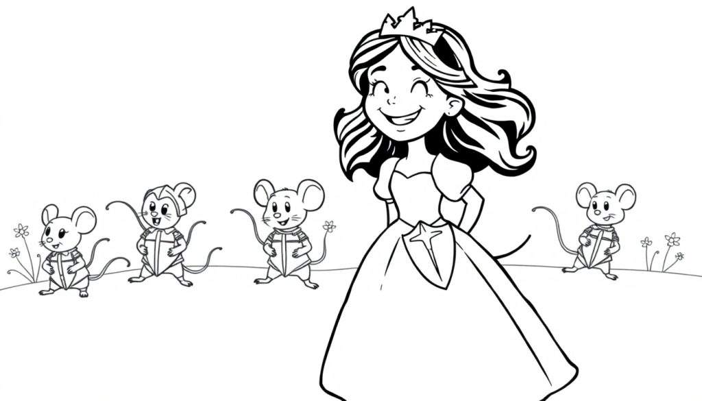 Disegno da colorare di una principessa sorridente con corona e abito lungo, affiancata da quattro topi soldato in fila su un prato fiorito.