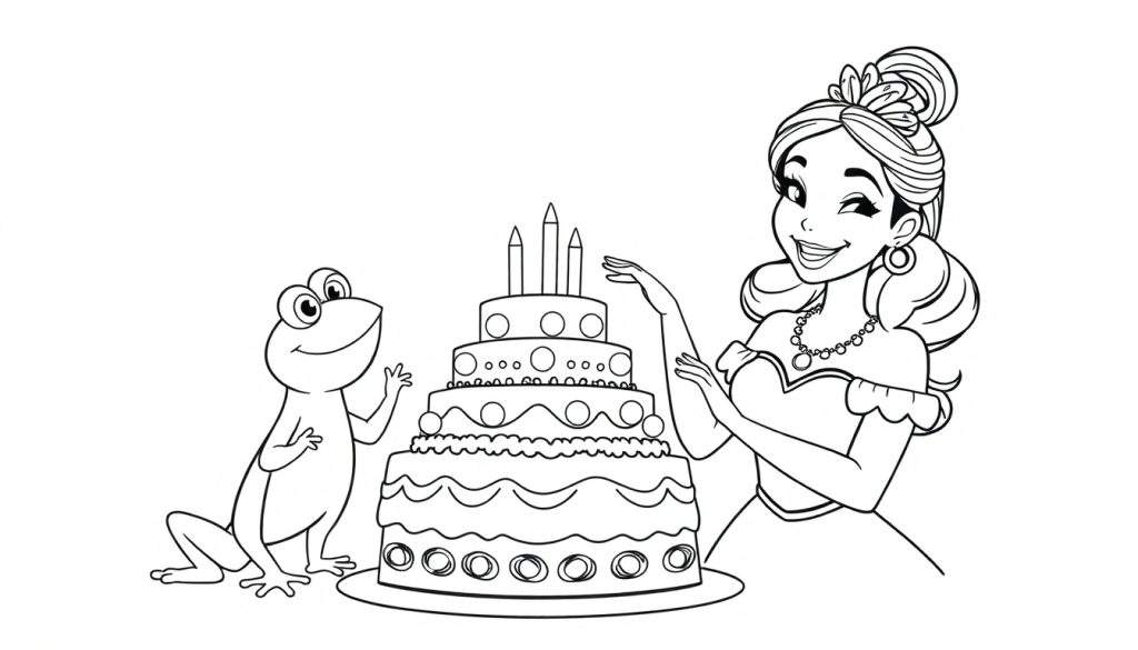 Disegno da colorare di una principessa e una rana che festeggiano un compleanno con una torta.