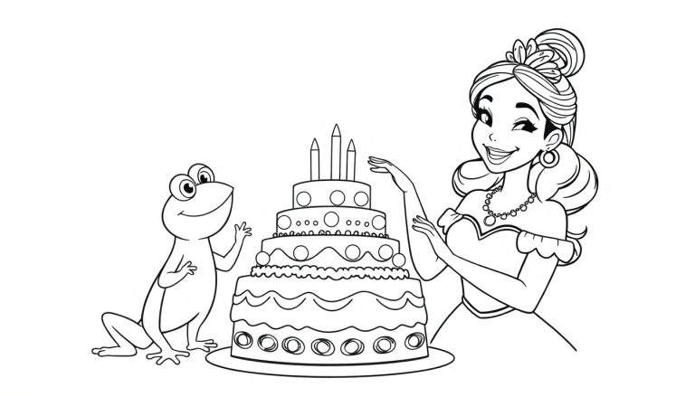 Disegno da colorare di una principessa e una rana che festeggiano un compleanno con una torta.