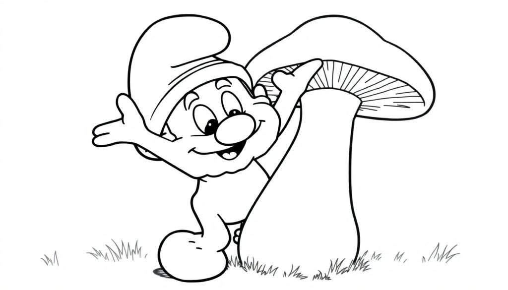 Disegno da colorare di un personaggio tipo Puffo, molto allegro, con cappello a punta, che saluta vicino a un grande fungo in un prato con erba.