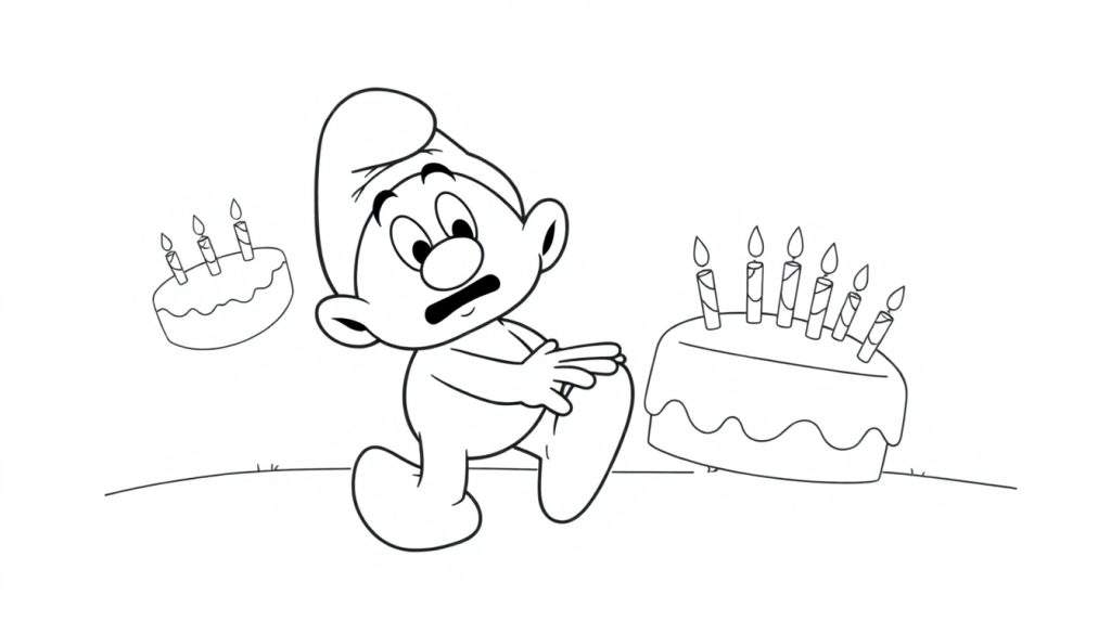 Disegno a linea di un Puffo con bocca aperta e sopracciglia aggrottate, che guarda due torte di compleanno con candele accese.