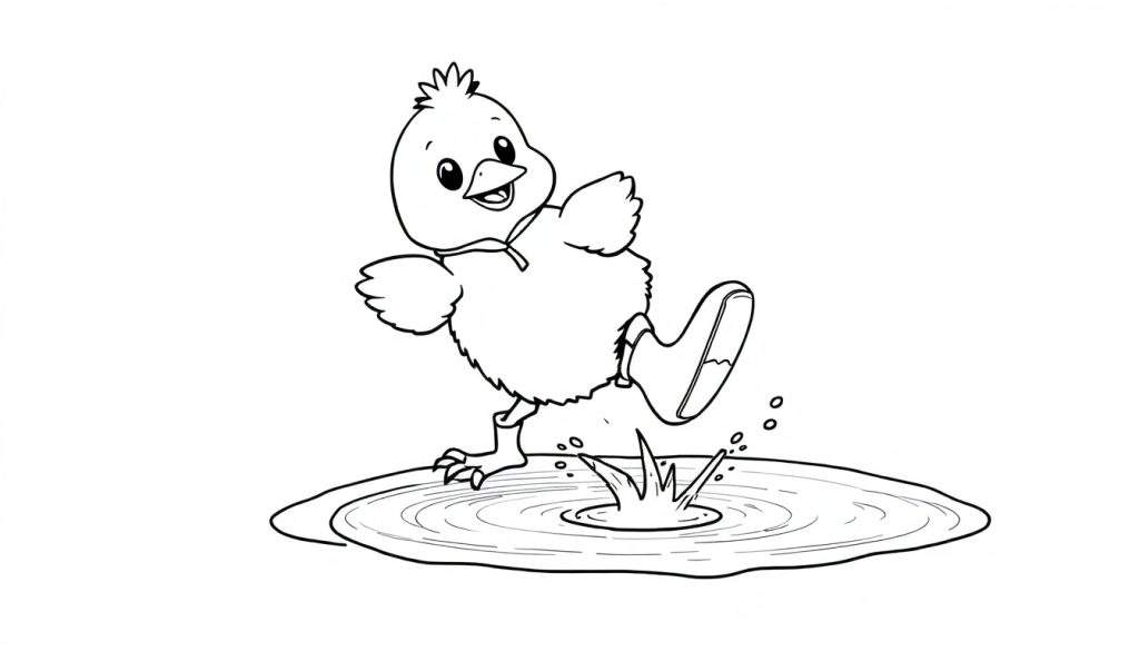 Disegno da colorare di un pulcino nero e bianco con stivali di gomma che salta in una pozzanghera, con ali spiegate e un'espressione felice.