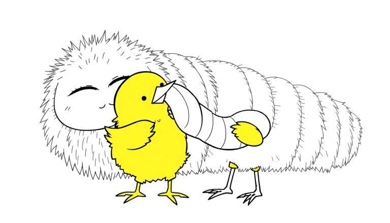 Disegno da colorare di un pulcino giallo che abbraccia un bruco bianco e soffice e gli dà un bacio.