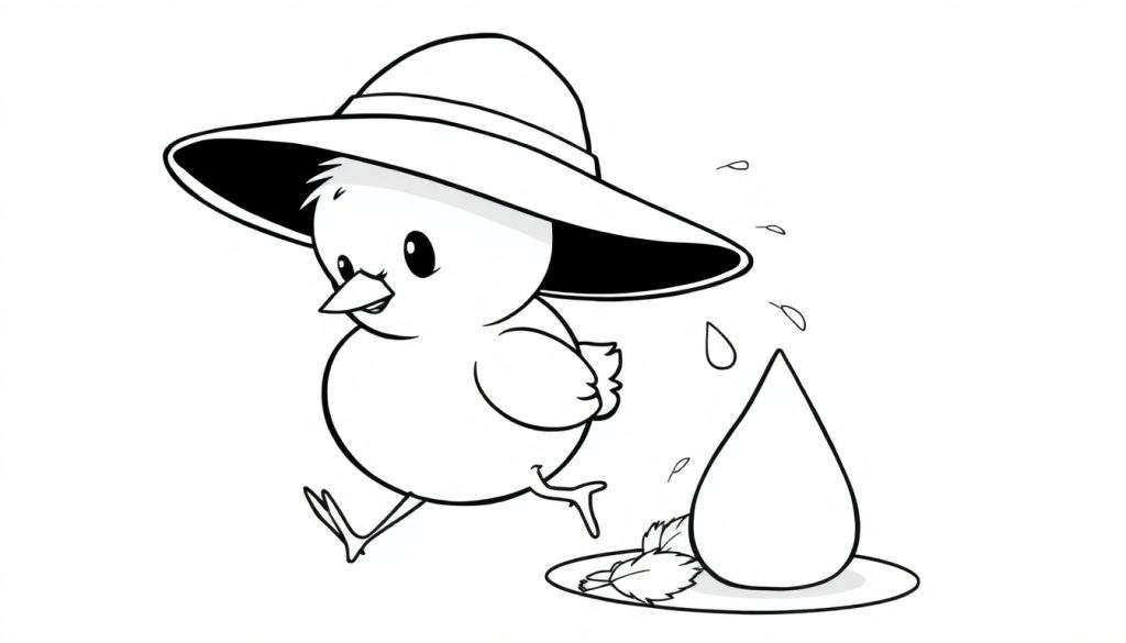Disegno da colorare di un pulcino che corre con un grande cappello e una foglia, circondato da gocce d'acqua.