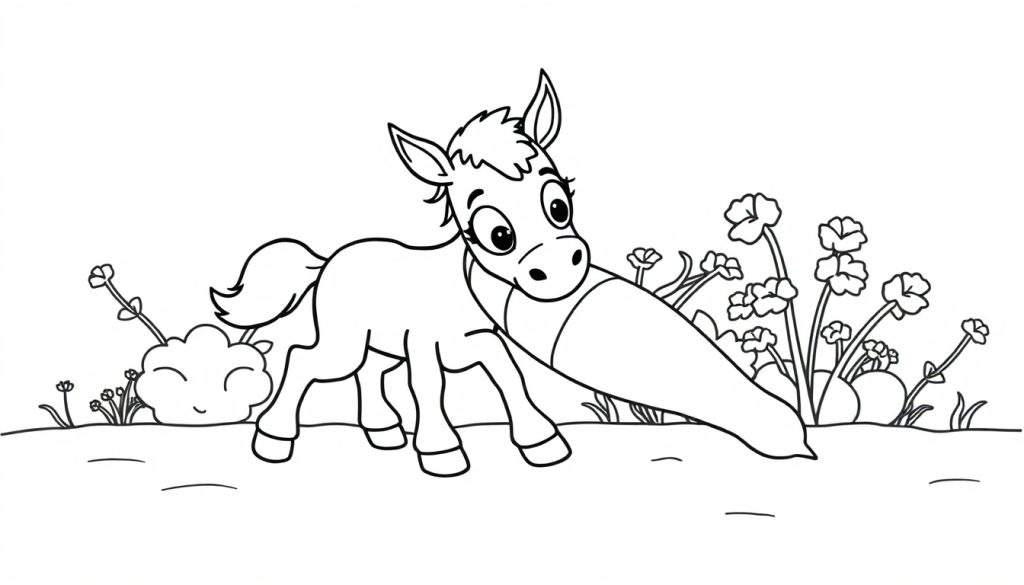 Disegno da colorare di un puledro bianco e nero che annusa una carota gigante, con fiori e un cespuglio sorridente sullo sfondo.
